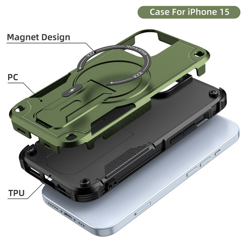 (iPhone 15, Armeegrün) iPhone Hülle stoßfest mit Ständer und Magnetring 2