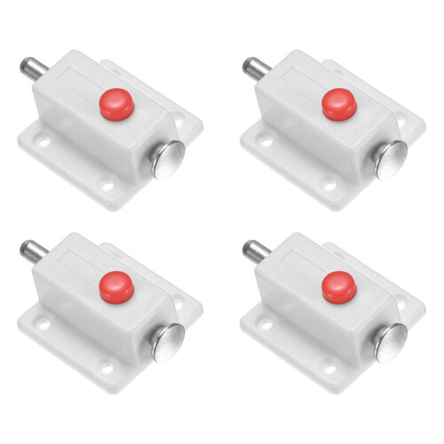 4Pack White Plastic Push Button Cabinet Door Latch, Spring Loaded Quick Release Lock for Drawers and Closets