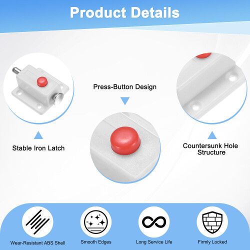 4Pack White Plastic Push Button Cabinet Door Latch, Spring Loaded Quick Release Lock for Drawers and Closets 1