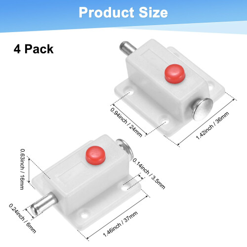 4Pack White Plastic Push Button Cabinet Door Latch, Spring Loaded Quick Release Lock for Drawers and Closets 2
