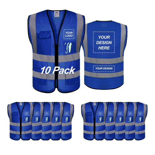 10 Pack Blue Reflective Safety Vest ANSI Class 2 Breathable Mesh with 5 Pockets and Custom