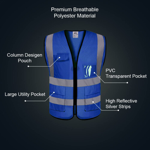 10 Pack Blue Reflective Safety Vest ANSI Class 2 Breathable Mesh with 5 Pockets and Custom 2