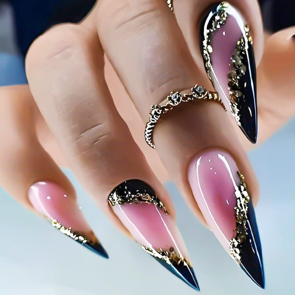 Pink,Black Almond French Tip Press On Nails Pink And Black Glitter Fake Nails 24Pcs Reusable Salonstyle Set