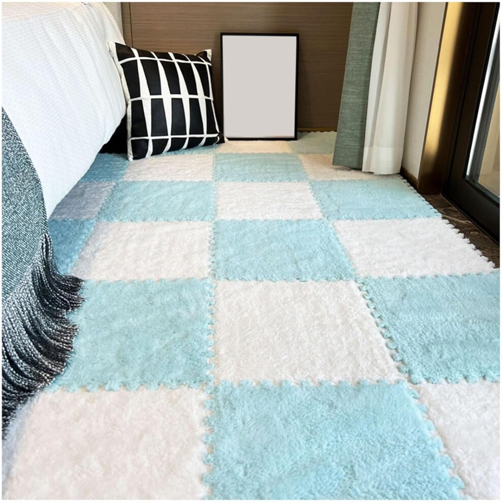Blue And White Interlocking Carpet Tiles 0.39 Inch Thick Plush Area Rug For Playroom Or Nursery Blue,White