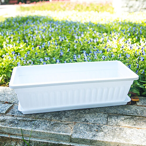 Large Plastic Planter Box with Tray, Rectangular Balcony Flower Pot for Vegetables and Flowers, White 1