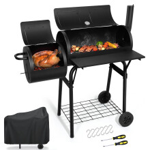 Charcoal Grill with Offset Smoker, Heavy Duty Dual Chamber BBQ Grill with Thermometer for Outdoor Cooking