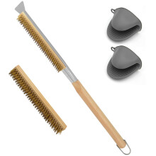 Pizza Oven Brush with Scraper, Brass Bristle Cleaning and Wood Handle for Pizza Stone Maintenance