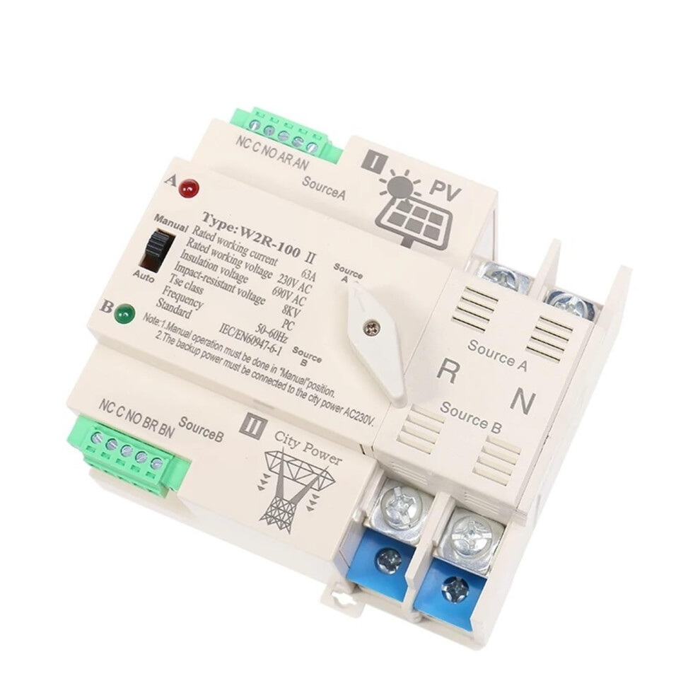 Solar Automatic Transfer Switch 2P 63A For 110V Pv System, Din Rail Mounted Dual Pole Reliable Power Transfer 9073542837466