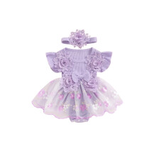 (0-3 Months, Purple) Éadaí Samhraidh 2 phíosa do Chailíní, Gúna Romper Tuille le Muinchille Cuileoga, Bláthanna agus Banda Ceann.