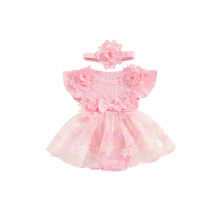 (0-3 Months, Pink) Éadaí Samhraidh 2 phíosa do Chailíní, Gúna Romper Tuille le Muinchille Cuileoga, Bláthanna agus Banda Ceann.