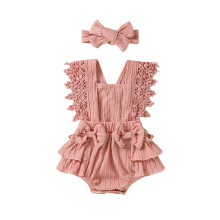 (12-18 Months, Pink) Csecsemő Kislány Nyári Overall Csipke Ujjú Szögletes Nyakú Masni Romper Fejpánttal