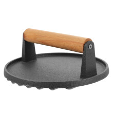 Heavy Duty Cast Iron Burger and Bacon Press with Wooden Handle for Even Heat Grilling and BBQ