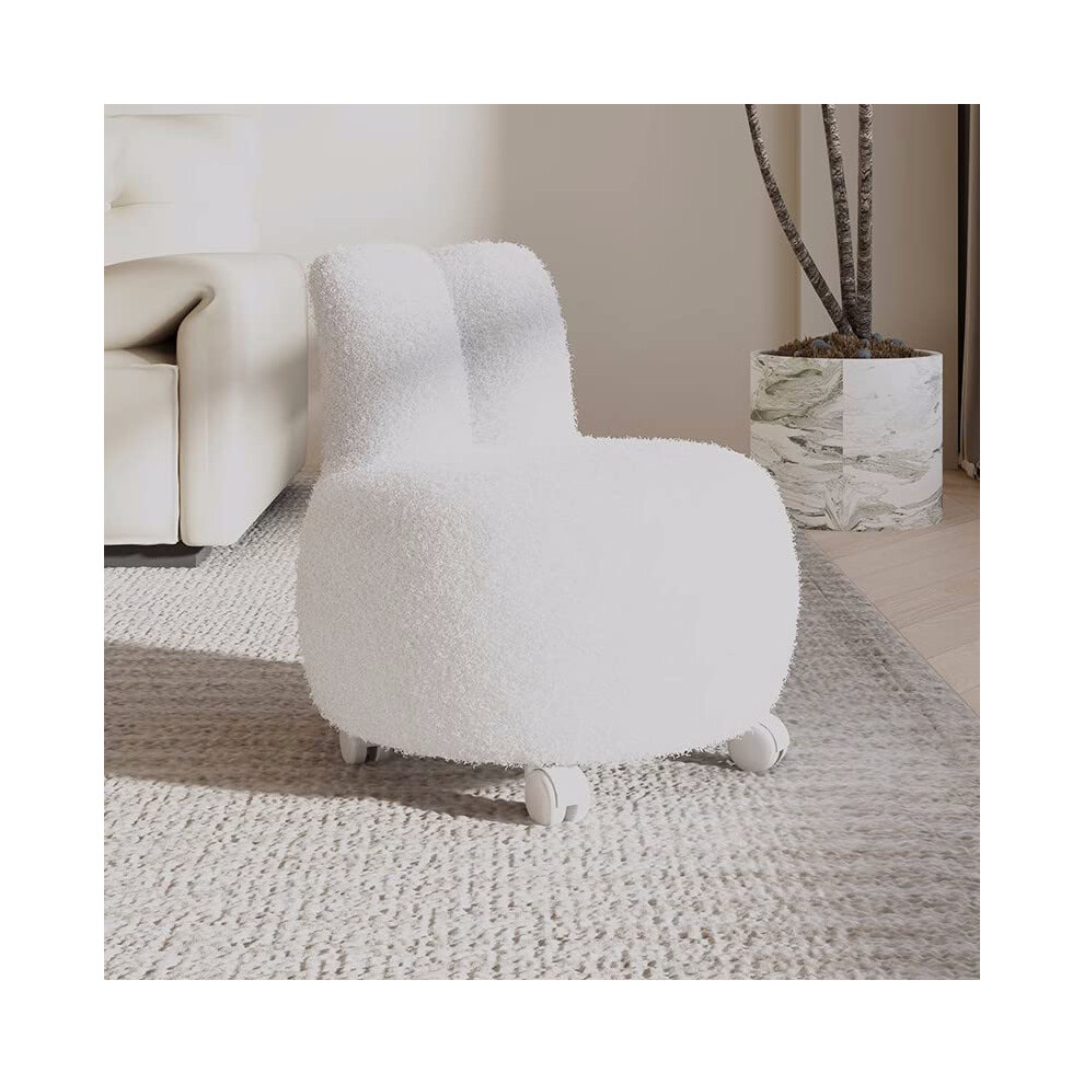 White Low Rolling Stool With Wheels, Soft Sherpa Fabric, 360 Swivel Mobility For Salon Or Workshop