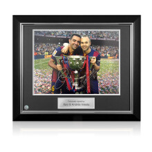 Andres Iniesta and Xavi Hernandez Signed Barcelona Football Photo. Deluxe Frame