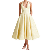 (S, Yellow) Női Jacquard pántnélküli estélyi ruha.