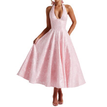 (L, Pink) Női Jacquard pántnélküli estélyi ruha.