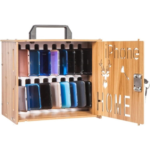 Wooden Cell Phone Storage Box with Secure Locking System, Spacious Organizer for Classroom or Office