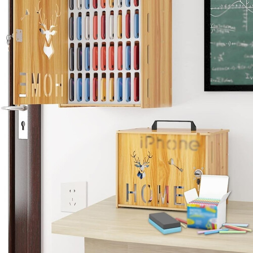 Wooden Cell Phone Storage Box with Secure Locking System, Spacious Organizer for Classroom or Office 1