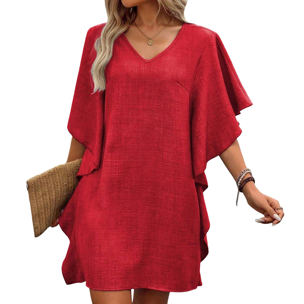 Red V-Neck Sleeve For Women Ightweight Linen Tops Flowy- M