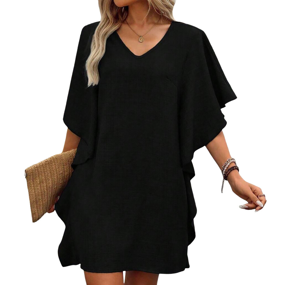 Black V-Neck Sleeve For Women Ightweight Linen Tops Flowy- Xxl