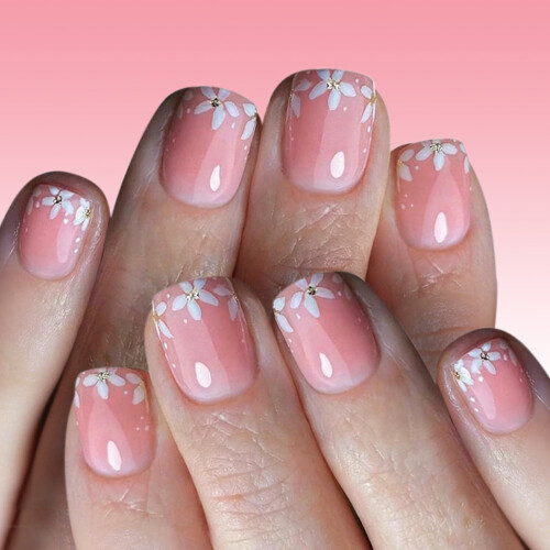 Short Square Artificial Nail 24Pcs Sparkling Floral Design 1