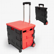 50L Folding Shopping Cart with Wheels, Collapsible Utility Cart with Lid and Telescopic Handle, Red