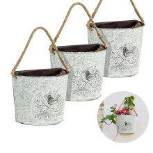 3Pcs Rustic Iron Hanging Metal Flower Basket with Hemp Rope, Vintage Wall Mounted Planter for Balcony Decor