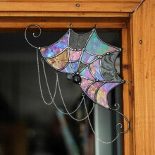Halloween Door Topper Spiderweb Stained Glass Wall Decor with Durable Metal Frame and Light Reactive Design