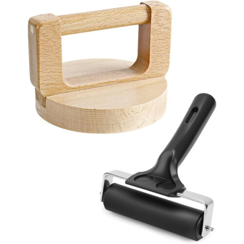 1+1 Pack Block Printing Baren and Rubber Brayer Roller Set,4 Inch Brayer Rollers for Printmaking, Inking, Projects