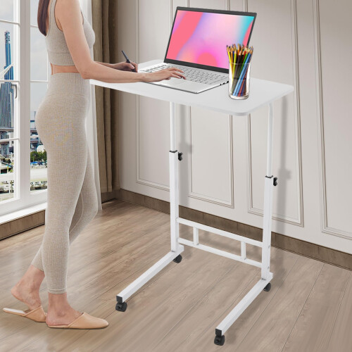 Adjustable Standing Desk with Wheels, Compact Rolling Computer Table for Home Office, White, 23.6x15.7in 1