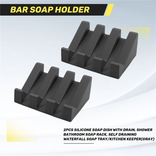 2Pcs Silicone Soap Dish with Drain, Shower/Bathroom Soap Rack, Self Draining Waterfall Soap Tray/Kitchen Keeper(Gray) 1