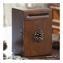 Handmade Carved Wooden Piggy Bank with Lock, Retro 7.5in Money Saving Box for Adults and Kids