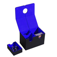 Leather Trading Card Deck Box with Dice Tray, Large Capacity Fits 200 Sleeved Cards, Black and Blue