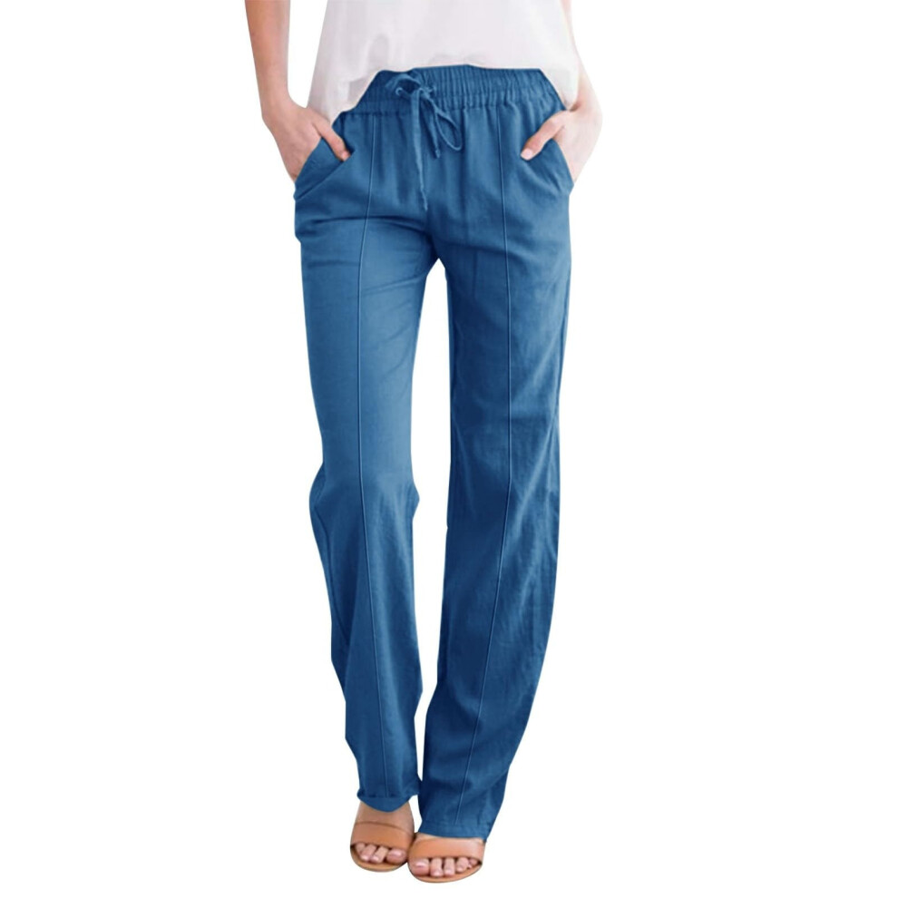 Blue Womens Cotton Linen Palazzo Pants Drawstring Elastic- Xxxl