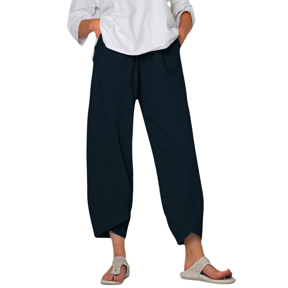 Blue Women's Pants Trousers Elastic Waist Pants With-Navy Xxl