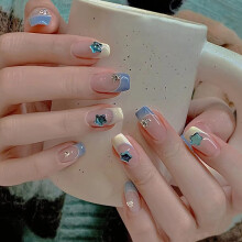 Reusable Press On Nails Kit Blue Crushed Diamond Fake Nails Set Salon Style Acrylic False Nails for Women 24pcs