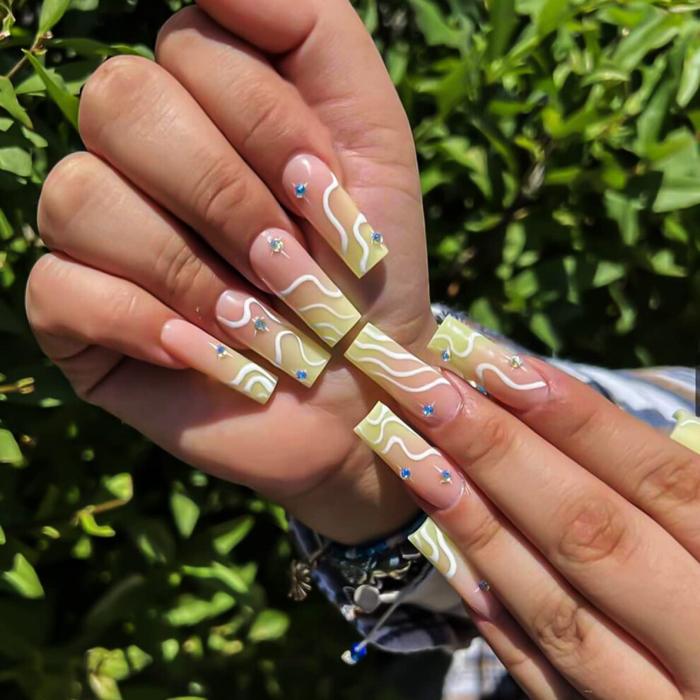 Green Press On Nails Coffin Shape Acrylic False Nails For Women 24Pcs Gradient Reusable Glue Set