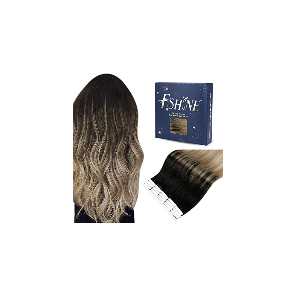 Unisex Black Fshine 16 Inch Balayage Tape In Hair Extensions Remy Human Hair To Ash Blonde Invisible Seamless Natural Blend 20Pcs