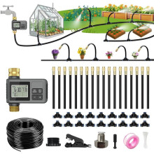 60Ft Drip Irrigation System with Water Timer, Solid Brass Connectors, 360 Adjustable Nozzles, Bendable Tubing