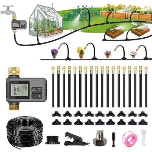60Ft Drip Irrigation System with  Water Timer, Solid Brass Connectors, 360 Adjustable Nozzles, Bendable Tubing