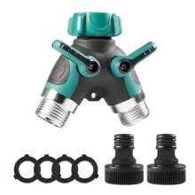 3/4 Inch 2 Way Garden Hose Splitter Y Type Connector with Dual Outlet Control for Outdoor Faucet Green and Black EU