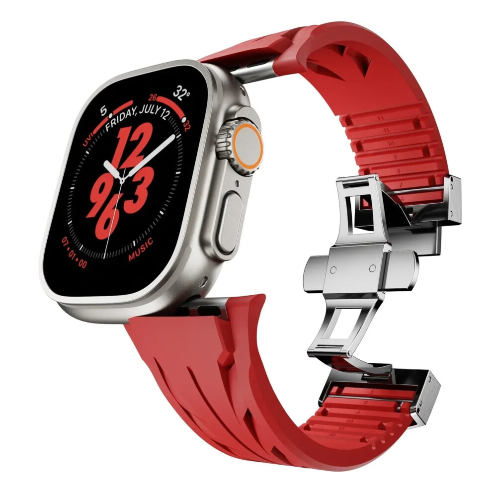 Band For Apple Watch Ultra 2 49Mm Fluororubber Strap Silver Red, Cut To Size Replacement For Series 9 8 7 Red,Silver 9771547699392