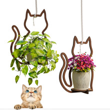 Self Watering Hanging Cat Planter Set with Wooden Finish and Macrame Hanger for Indoor Plants