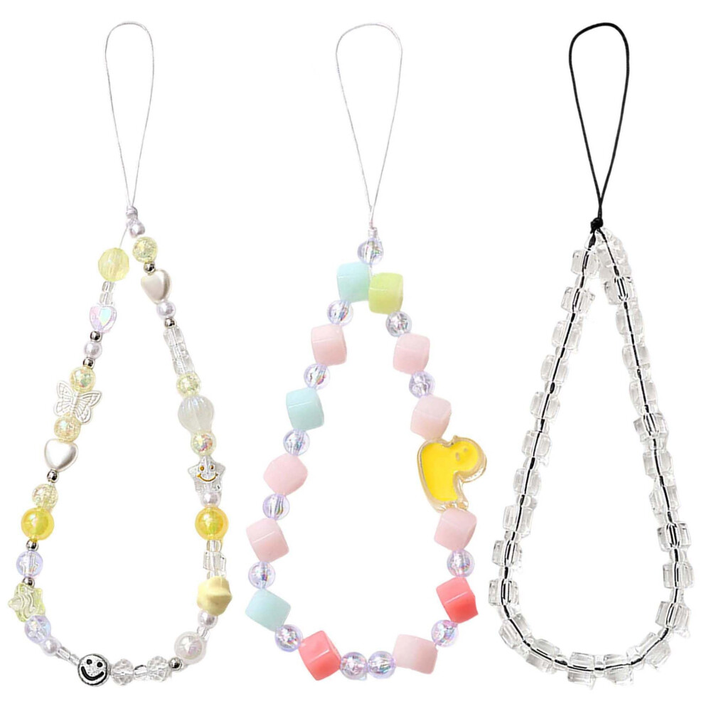 3Pcs Cute Candy Color Beaded Phone Charm Strap With Heart And Butterfly Design, Pearl Wrist Lanyard For Phones And Bags 9771547699415