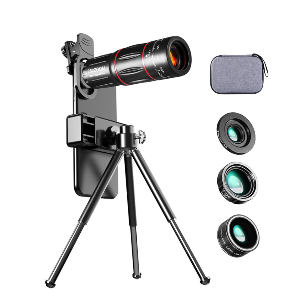 4 In 1 Phone Camera Lens Kit 28X Wide Angle 0.6X Macro 198 Fisheye Universal Clip On Lens For Iphone Android 9073542844051