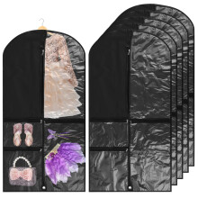 6 Pcs Black Kids Dance Garment Bags Waterproof Dust Protection with Clear Window and Multi Pockets 39.4x19.7 in