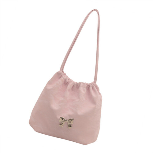 Drawstring PU Bucket Bag Lightweight Underarm Purse-Pink