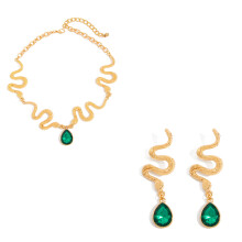 Gemstones Adorned Snake Earrings and Collarbone Chain-Gold