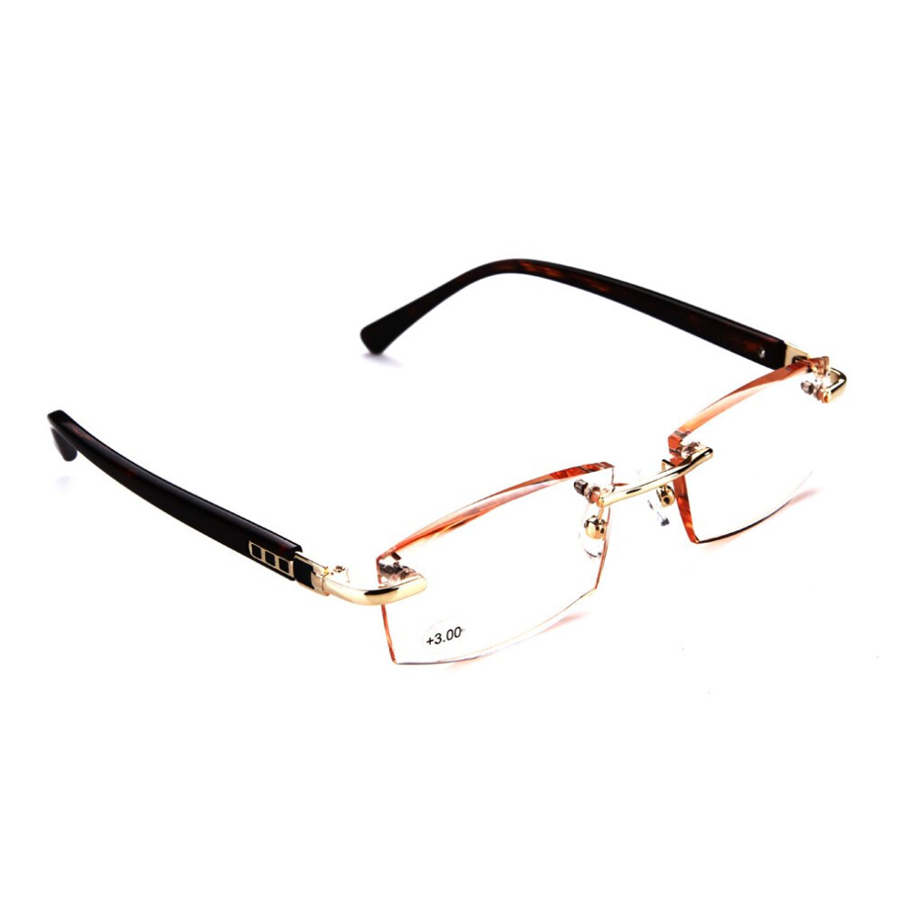 Rimless Reading Glasses 3.5x Clear Magnification Gradient Tea Tint Leopard Pattern Temples