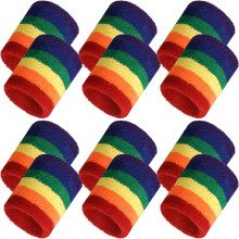 12 Pack Rainbow Striped Wrist Sweatbands 6 Inch Cotton Athletic Bands for Sports and Pride Events
